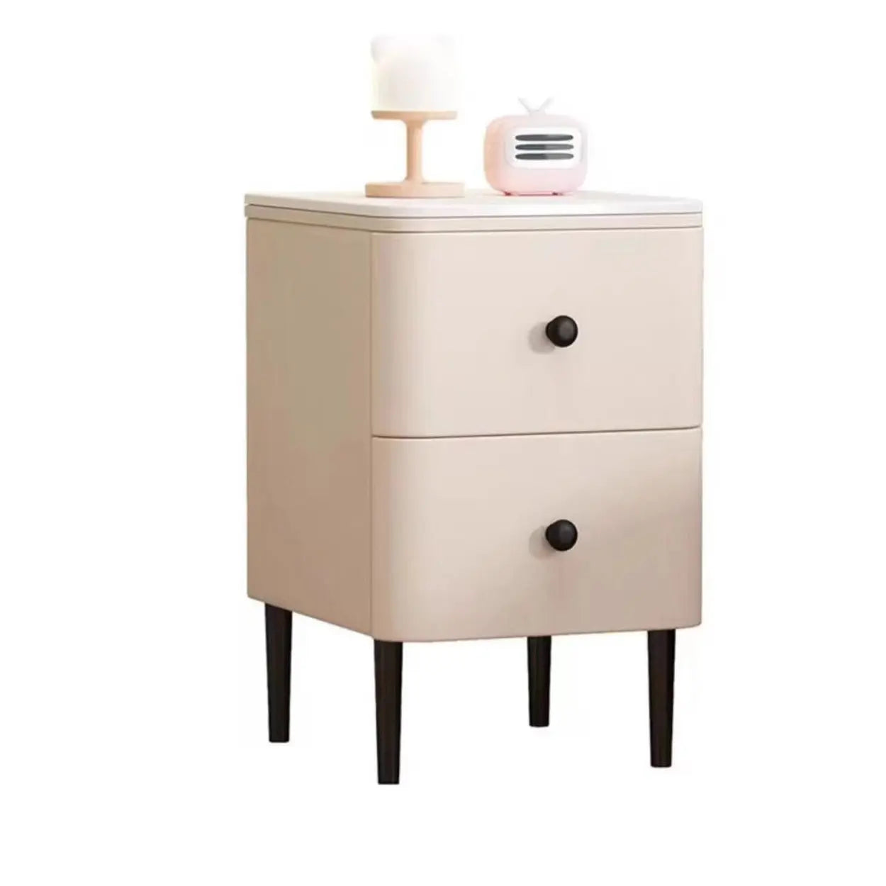 Minimalist White Marble Top Nightstand with Drawers — Cream Gray