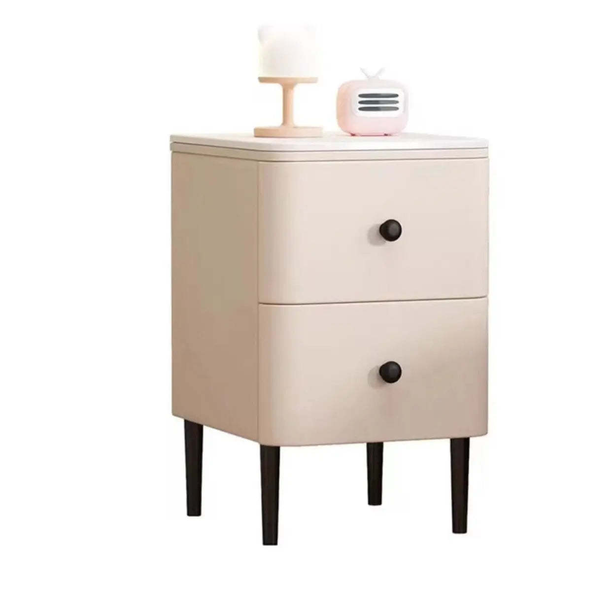 Minimalist White Marble Top Nightstand with Drawers — Cream Gray
