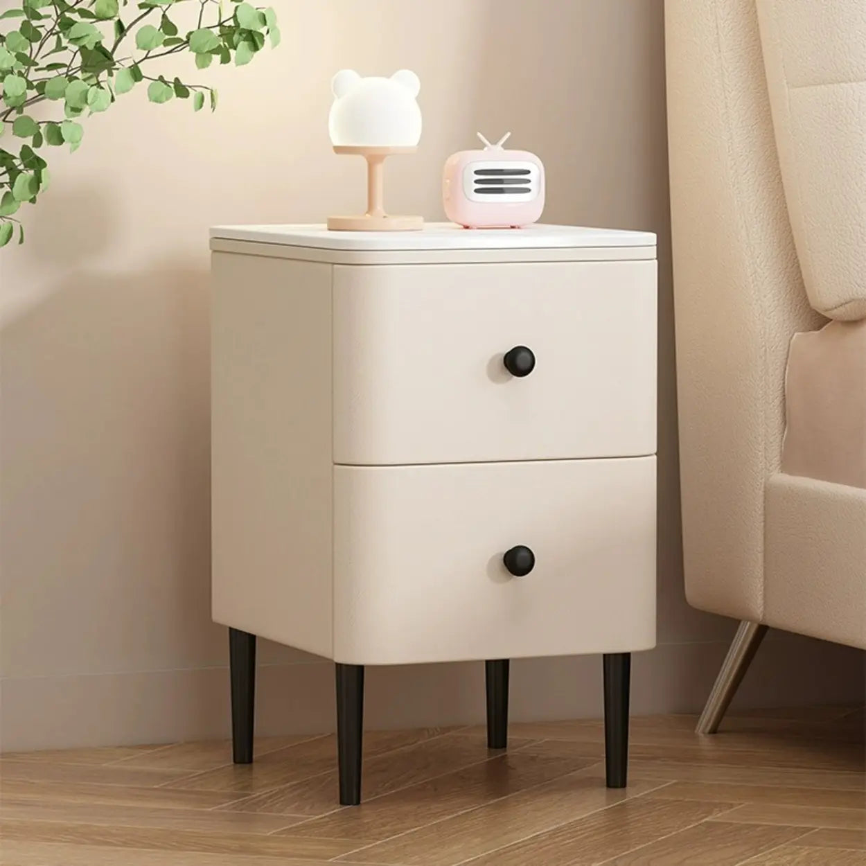 Minimalist White Marble Top Nightstand with Drawers — Dark Gray