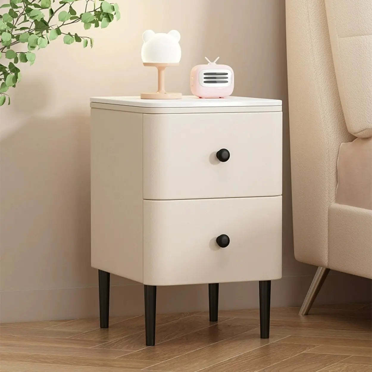 Minimalist White Marble Top Nightstand with Drawers — Dark Gray