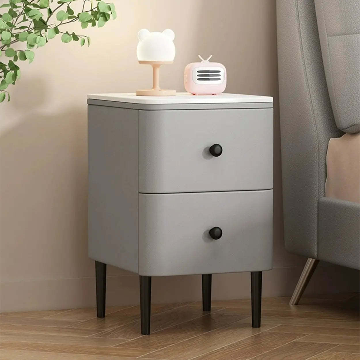 Minimalist White Marble Top Nightstand with Drawers — Milky Green