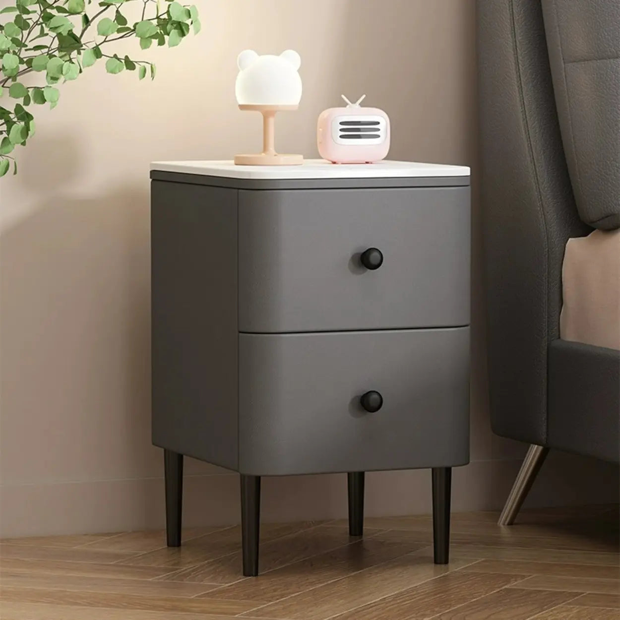 Minimalist White Marble Top Nightstand with Drawers — White