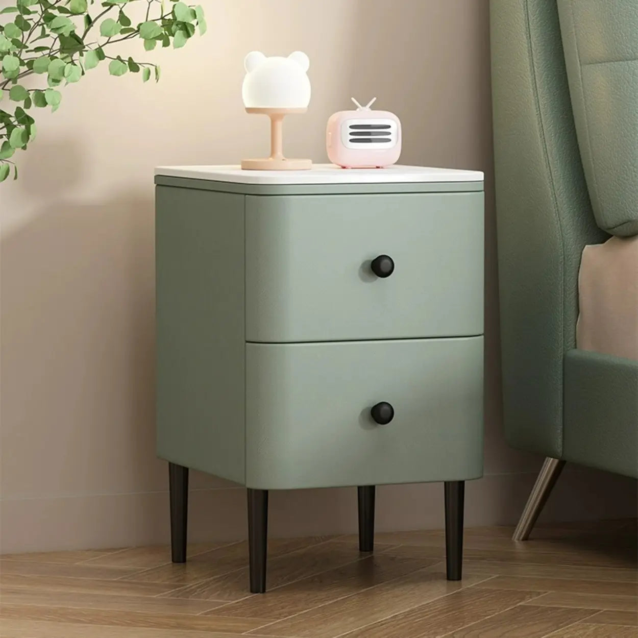 Minimalist White Marble Top Nightstand with Drawers — Off-White