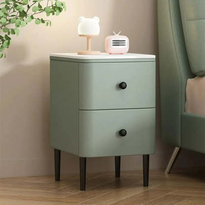 Minimalist White Marble Top Nightstand with Drawers — Off-White