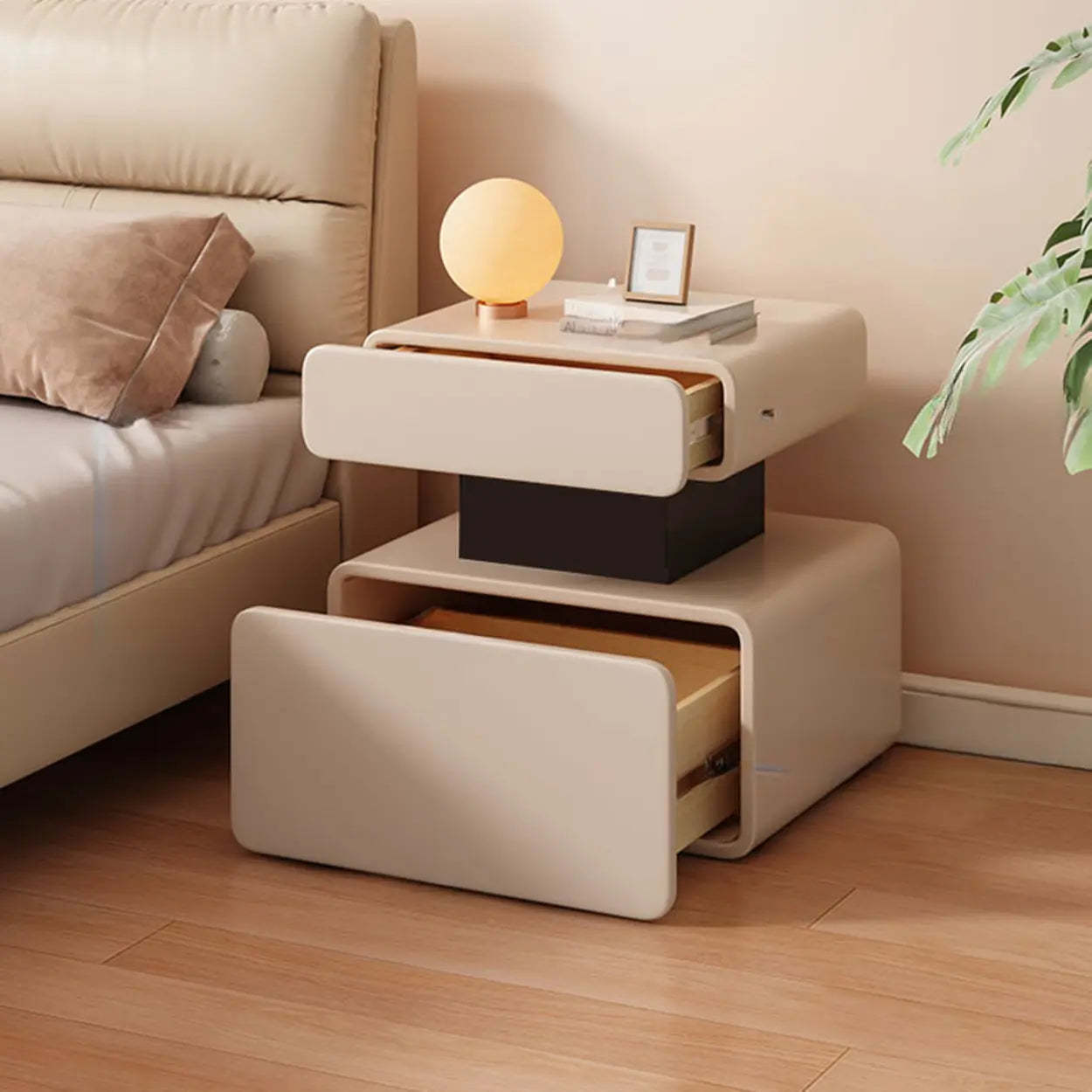 Minimalist White Nightstand with Drawer — Light Coffee