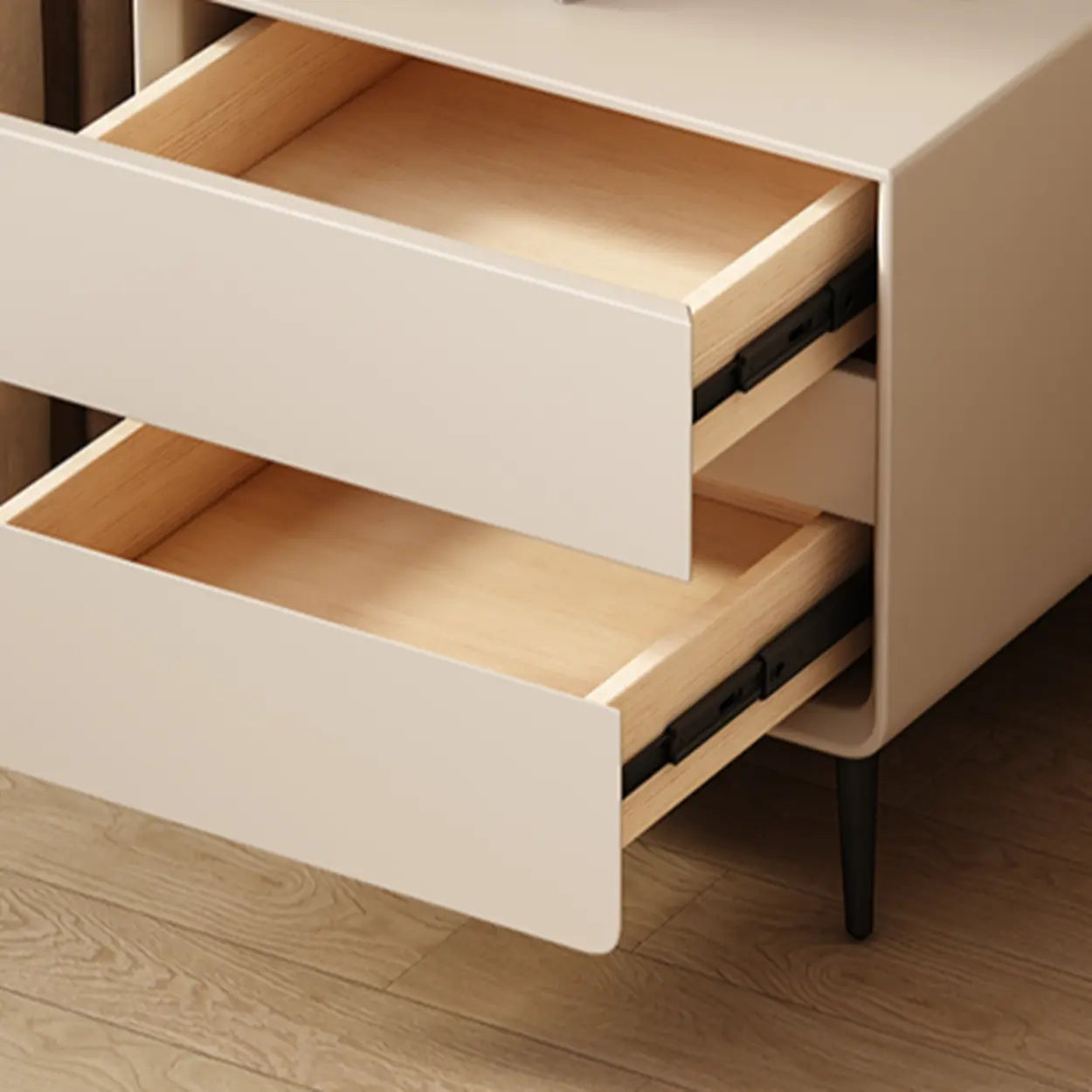 Minimalist White Nightstand with Drawers — Milk Tea Color