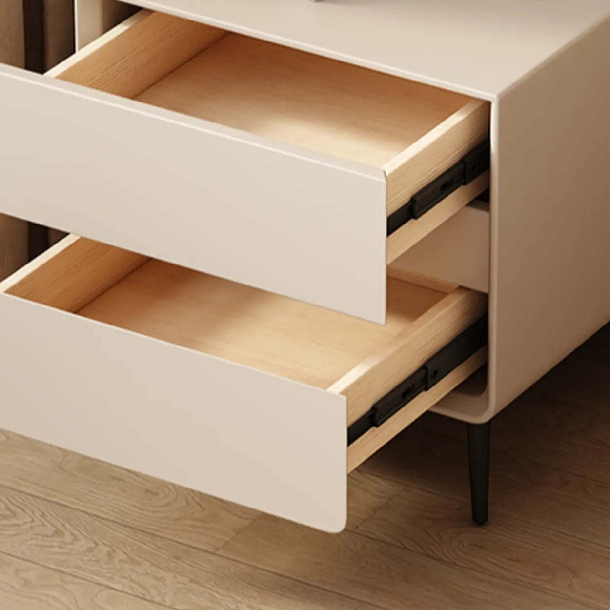 Minimalist White Nightstand with Drawers — Milk Tea Color
