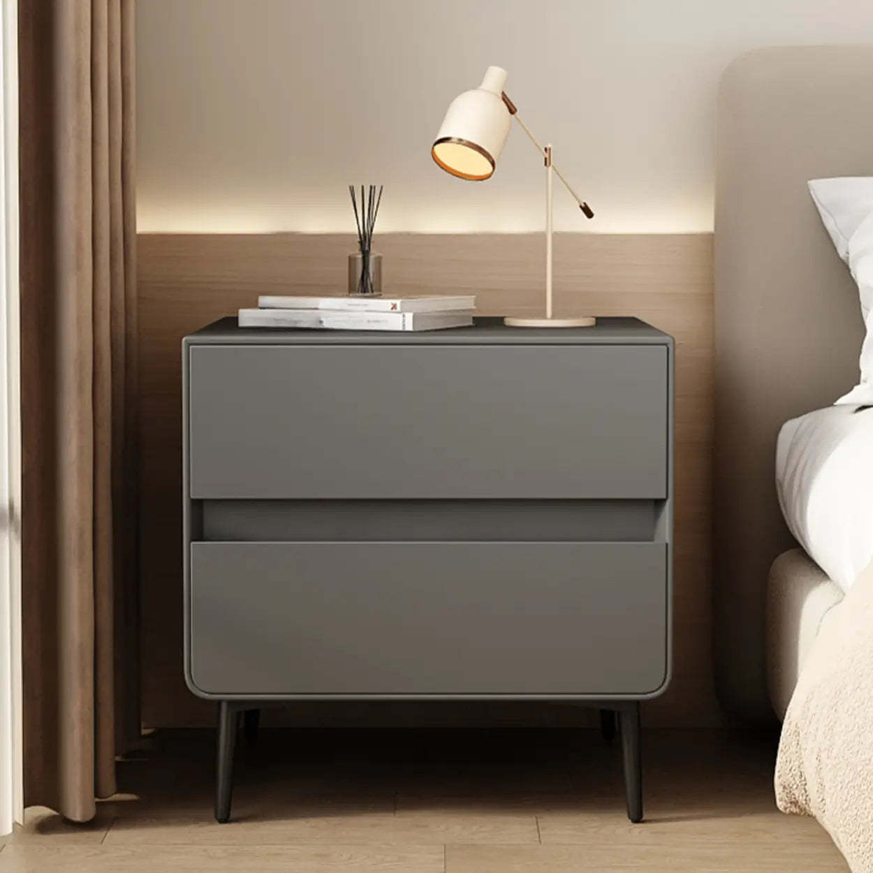 Minimalist White Nightstand with Drawers — Milk Tea Color