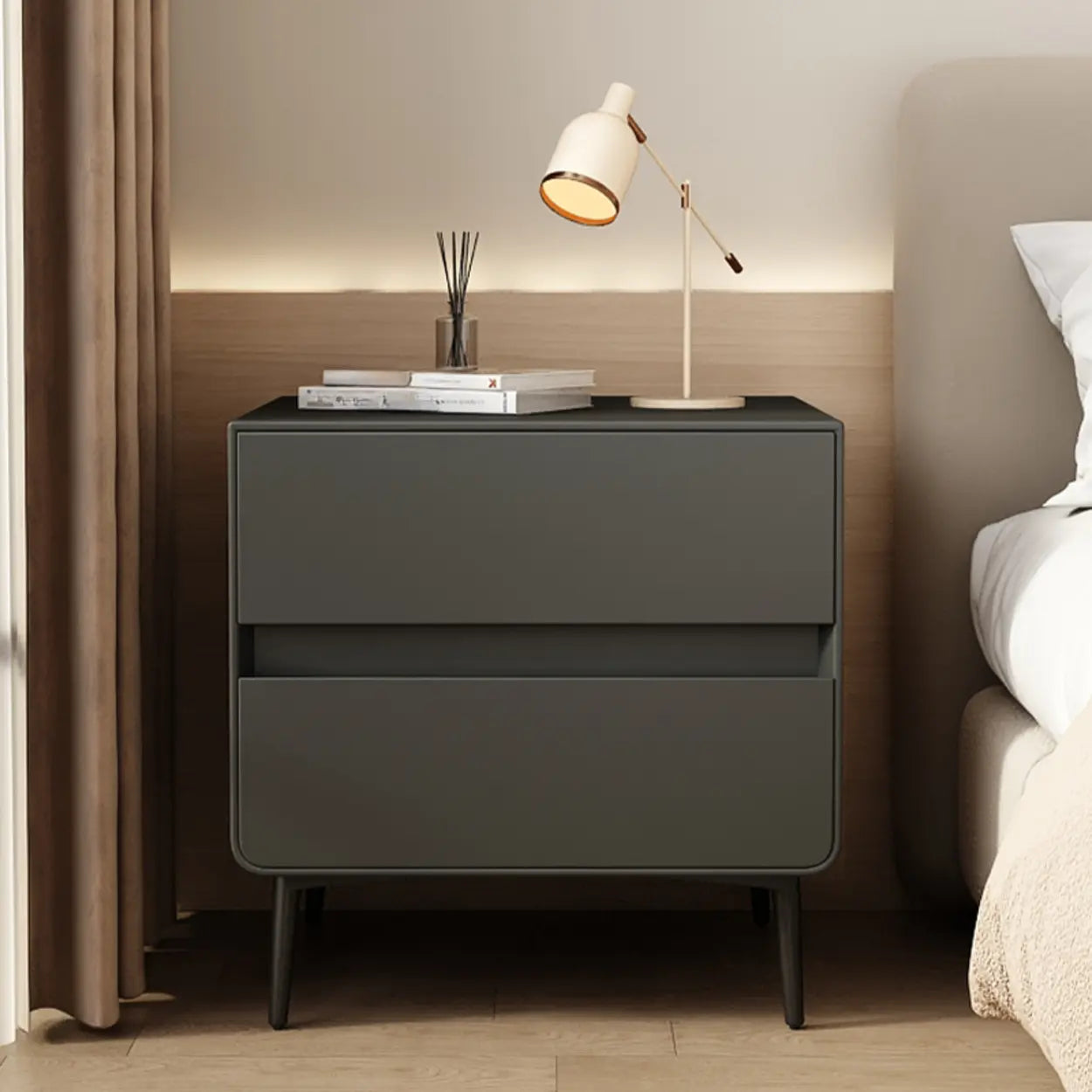 Minimalist White Nightstand with Drawers — Green