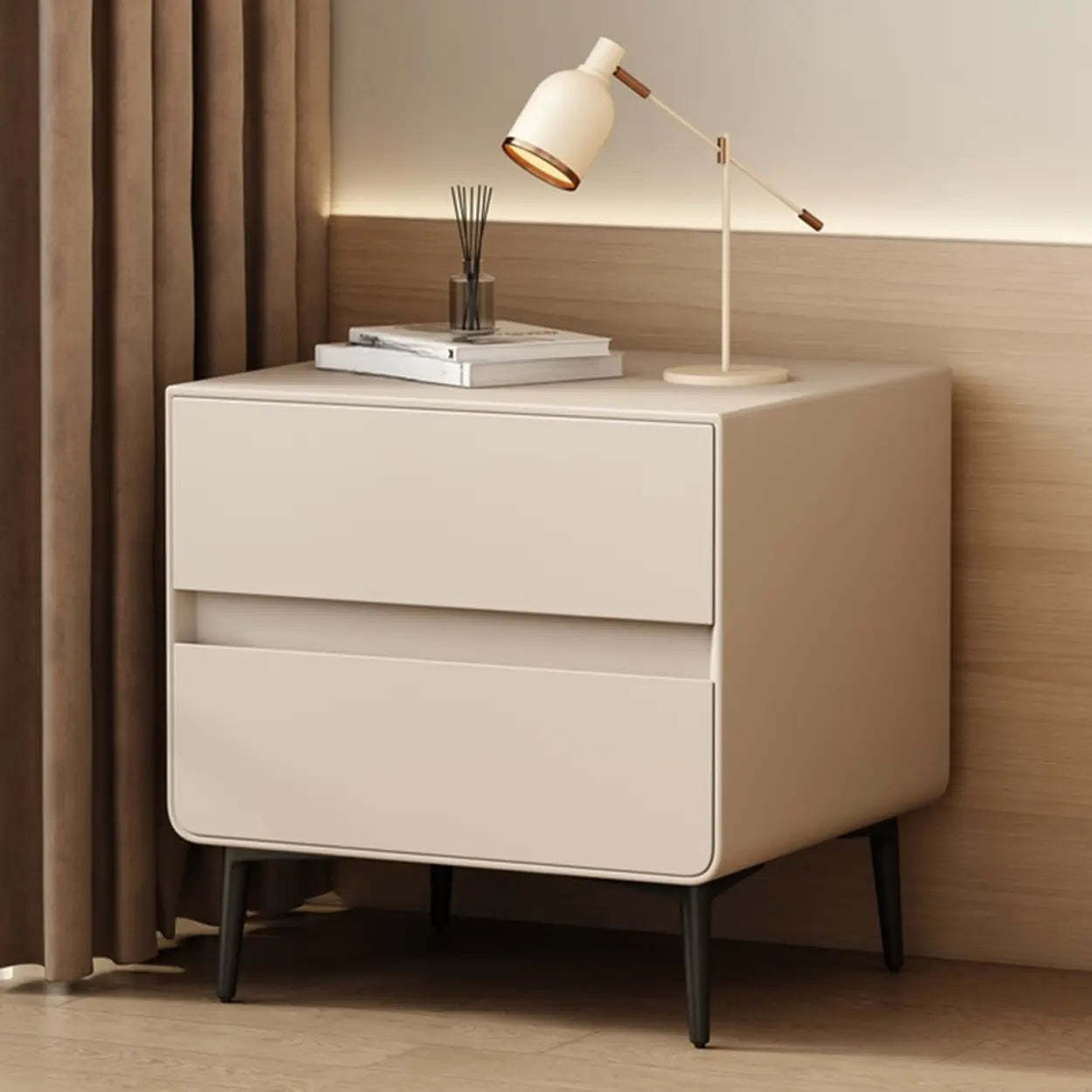 Minimalist White Nightstand with Drawers — Black