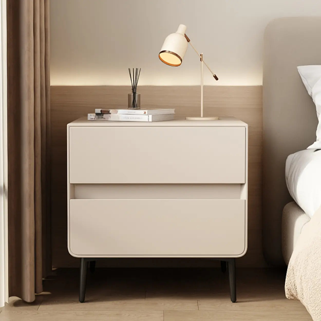 Minimalist White Nightstand with Drawers — Black