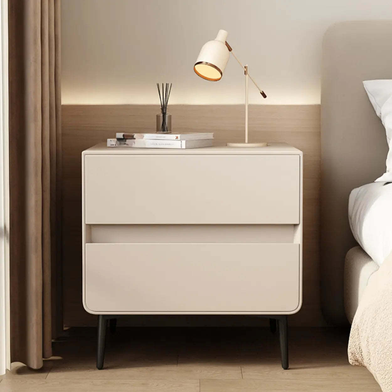 Minimalist White Nightstand with Drawers — Black