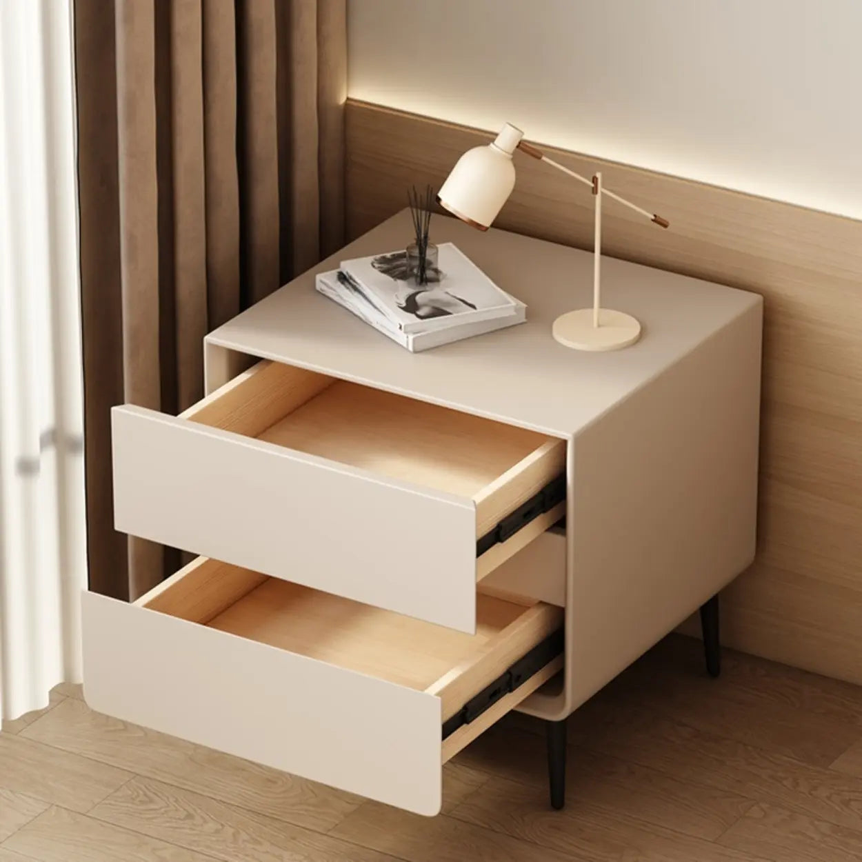Minimalist White Nightstand with Drawers — Black