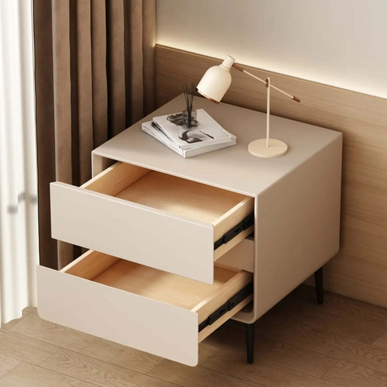 Minimalist White Nightstand with Drawers — Black