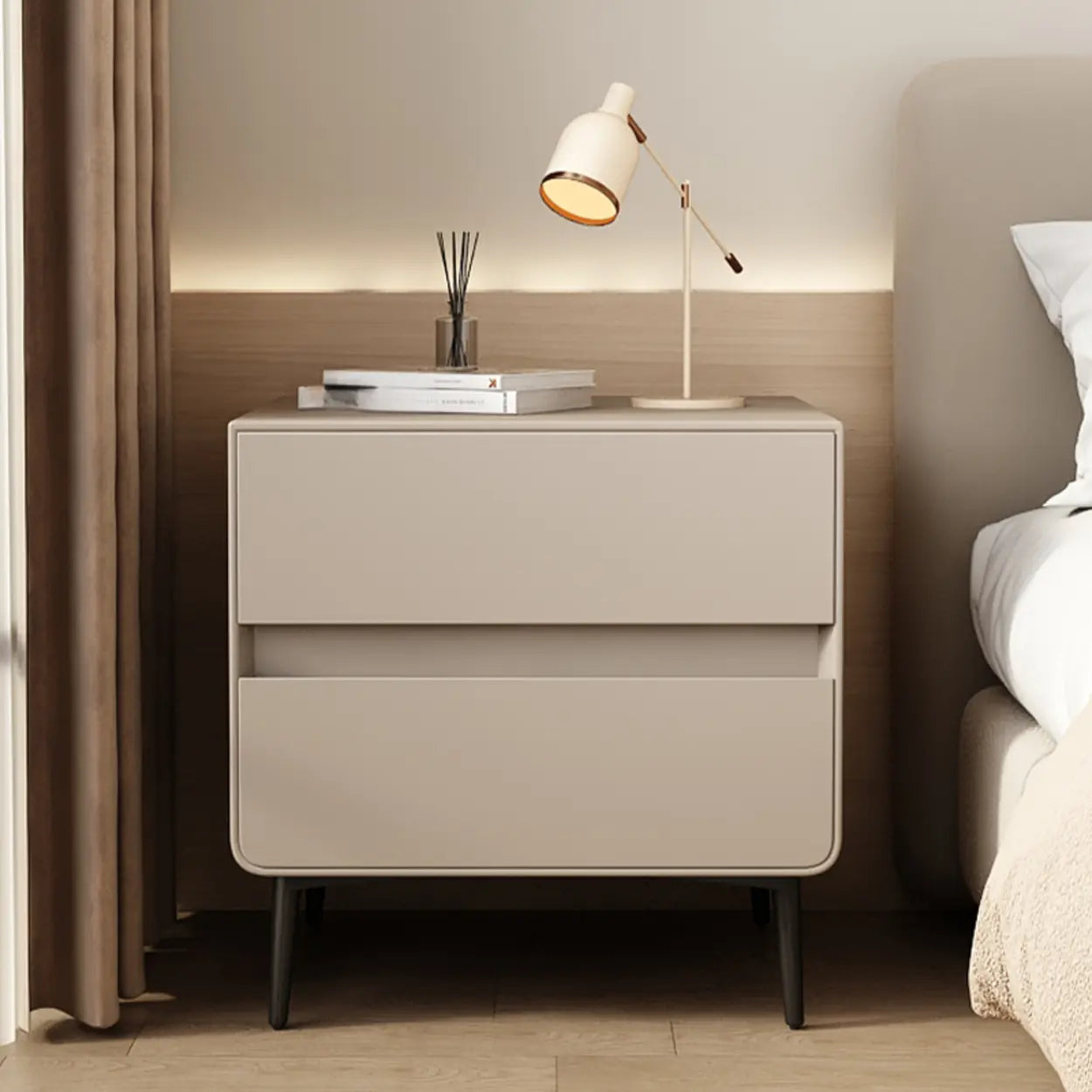 Minimalist White Nightstand with Drawers — Off-White