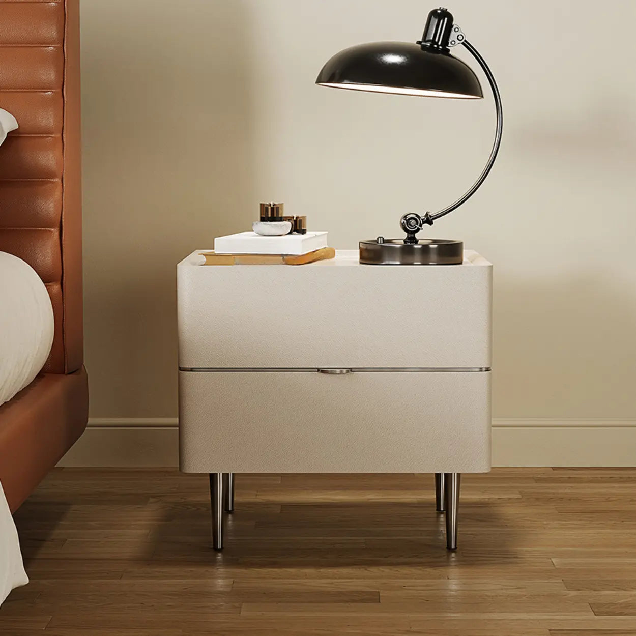 Minimalist White Nightstand with Metal Legs