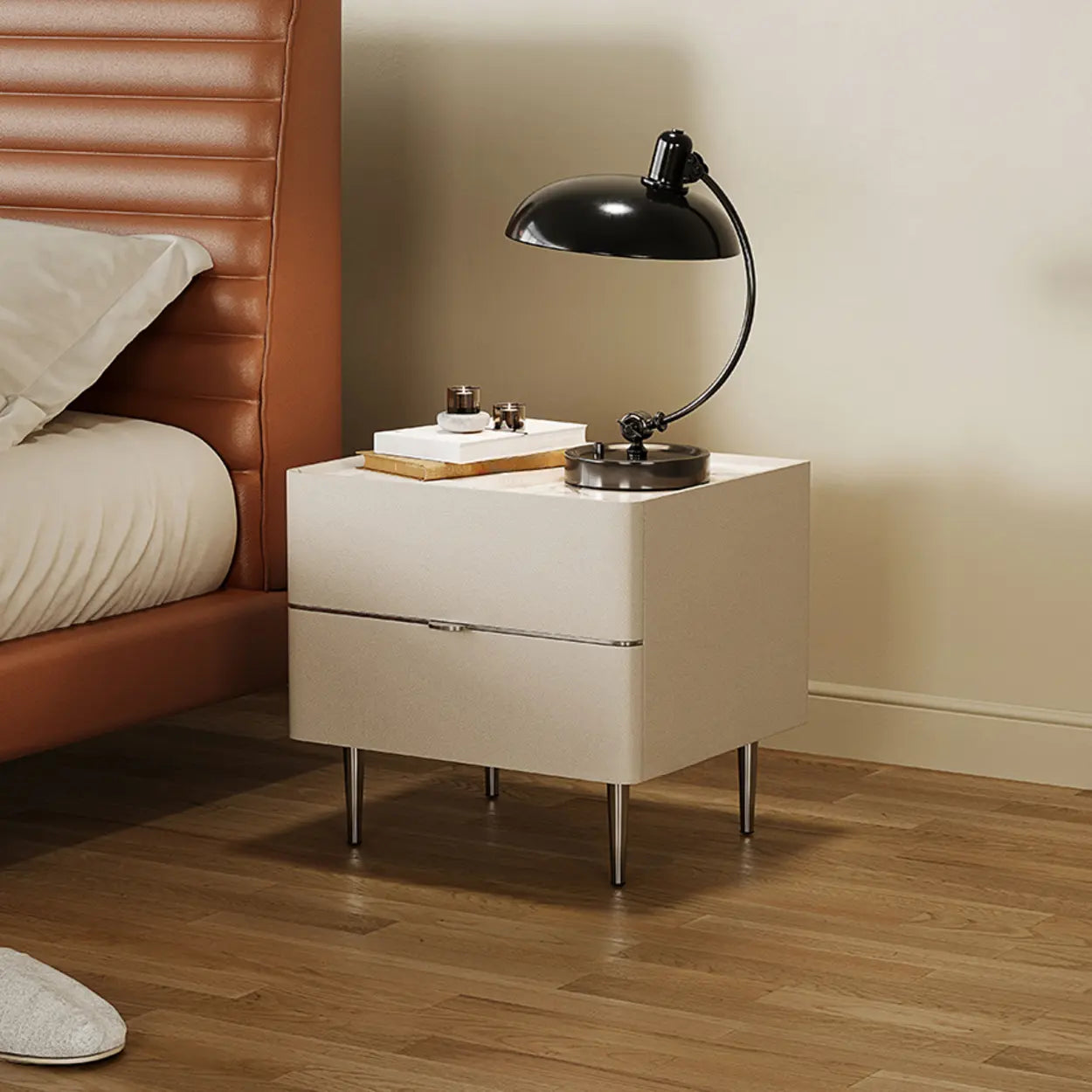 Minimalist White Nightstand with Metal Legs — Khaki
