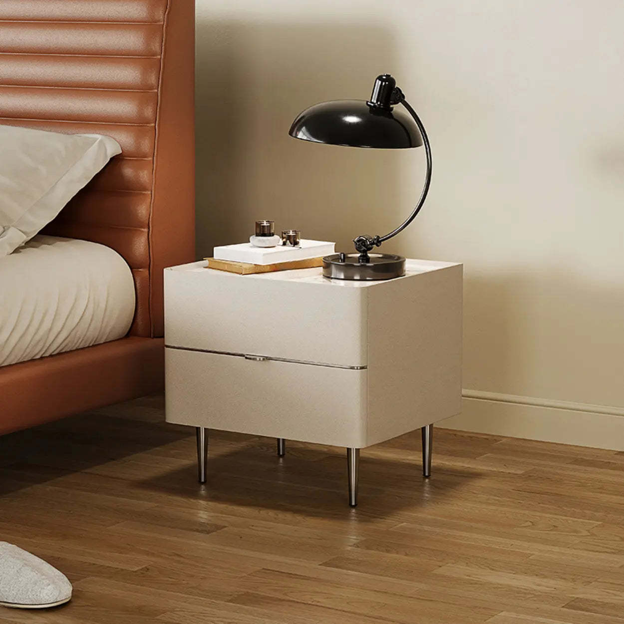 Minimalist White Nightstand with Metal Legs — Khaki