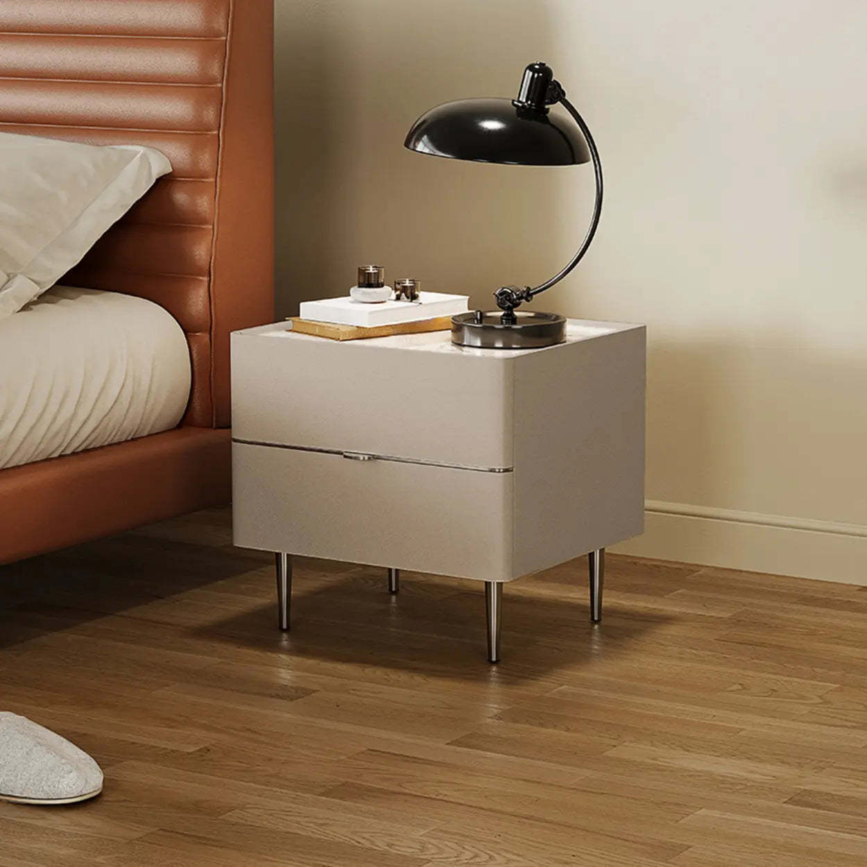 Minimalist White Nightstand with Metal Legs — Dark Gray