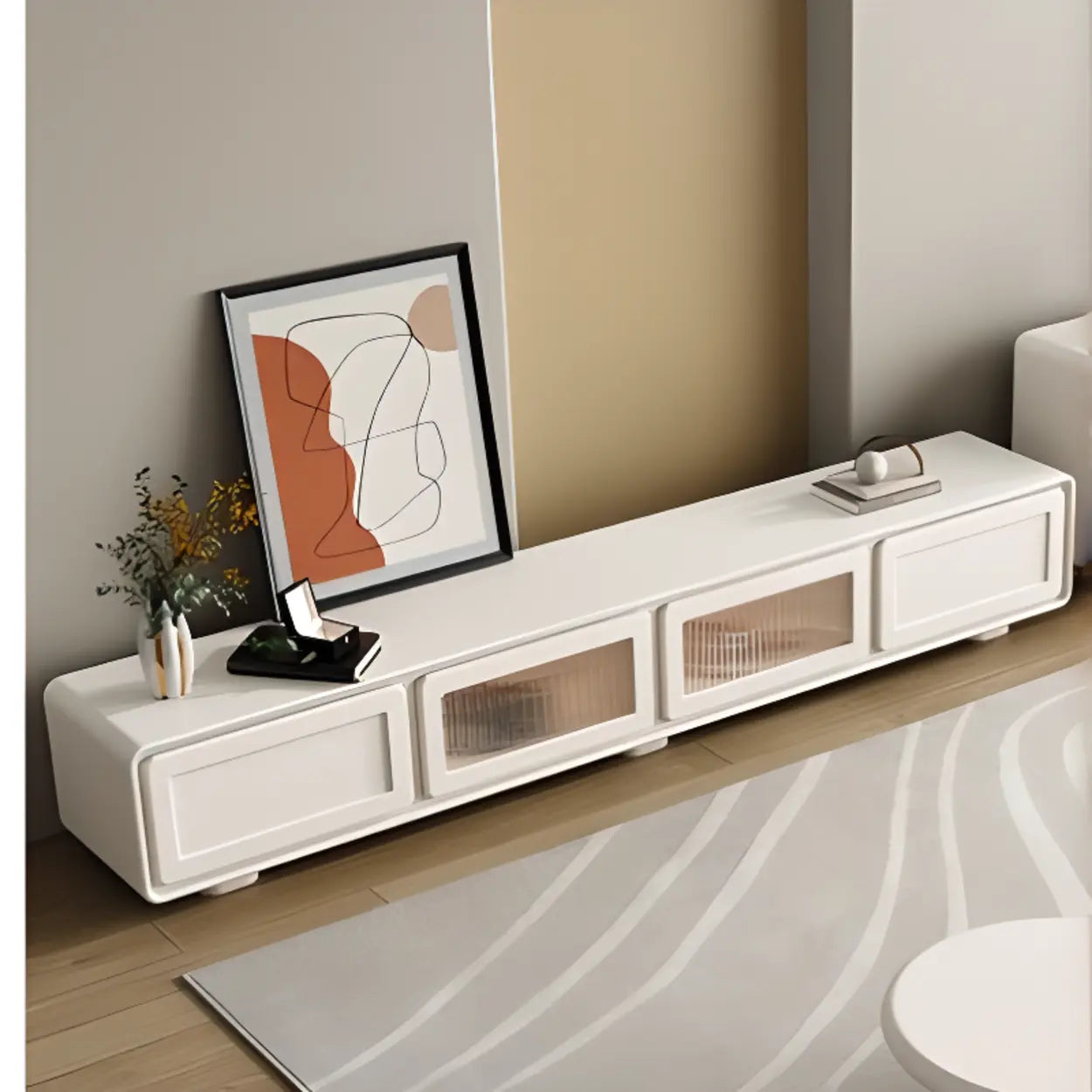Minimalist White TV Stand with Cabinet