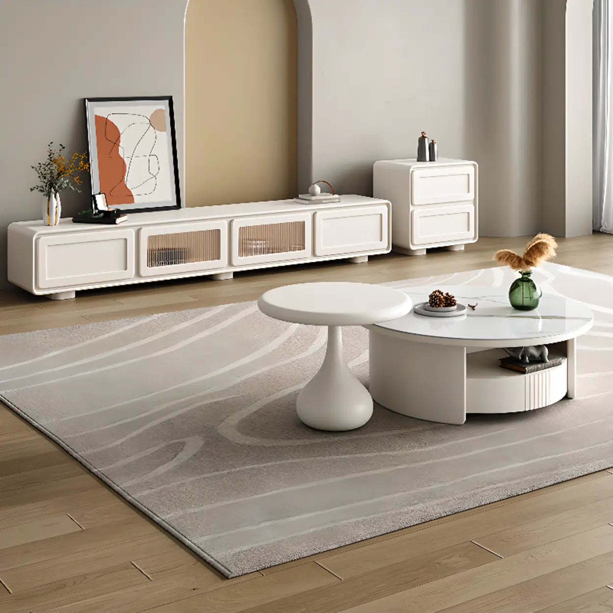 Minimalist White TV Stand with Cabinet