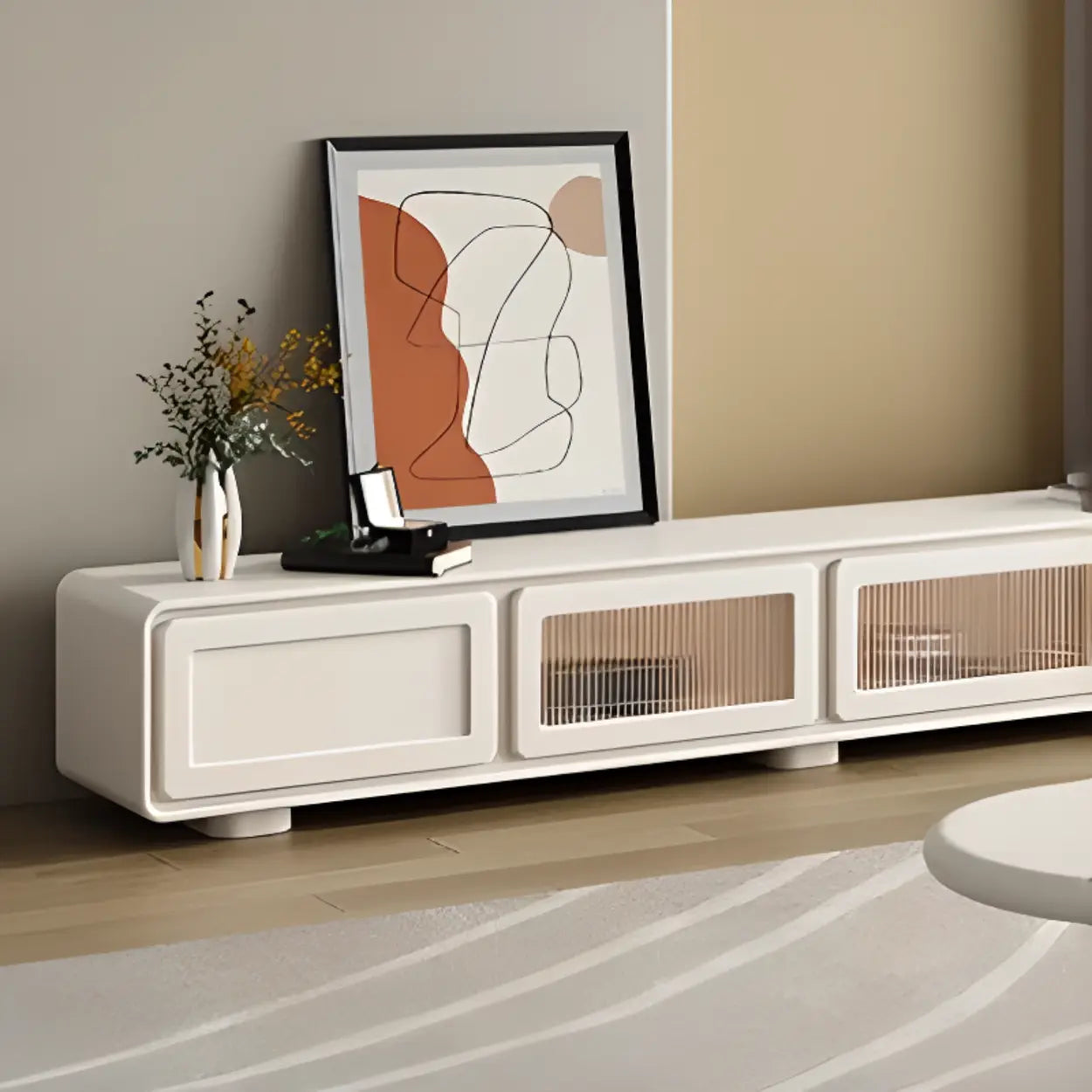 Minimalist White TV Stand with Cabinet