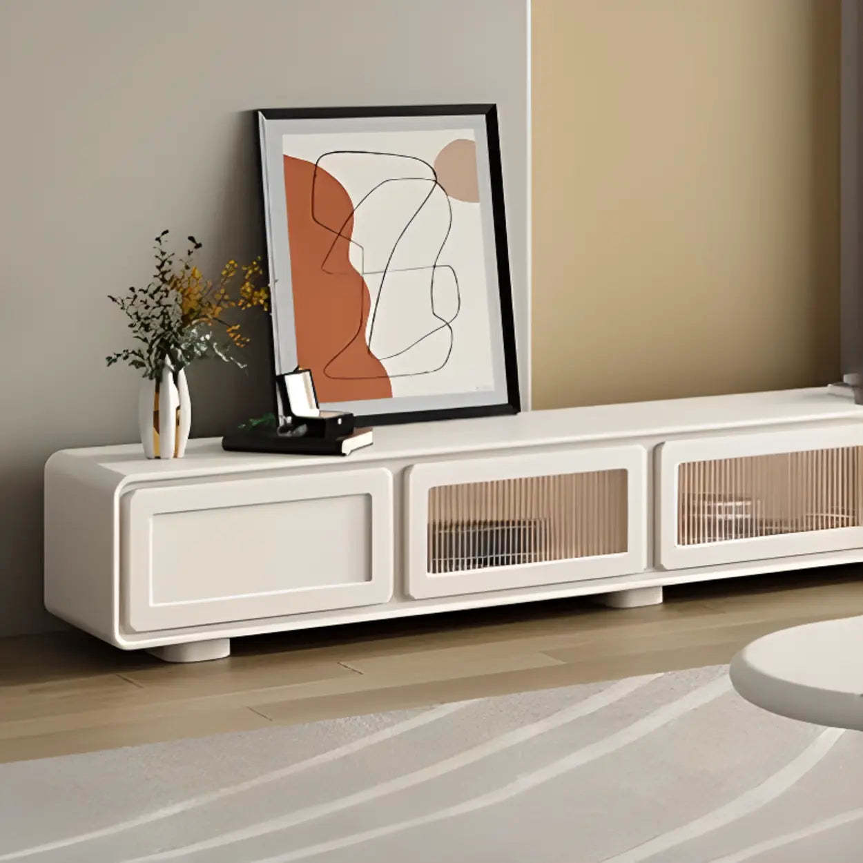 Minimalist White TV Stand with Cabinet