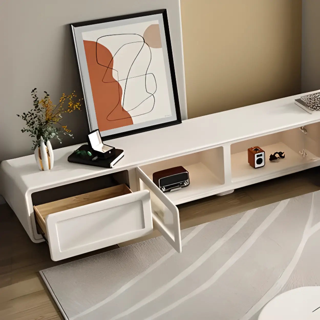 Minimalist White TV Stand with Cabinet