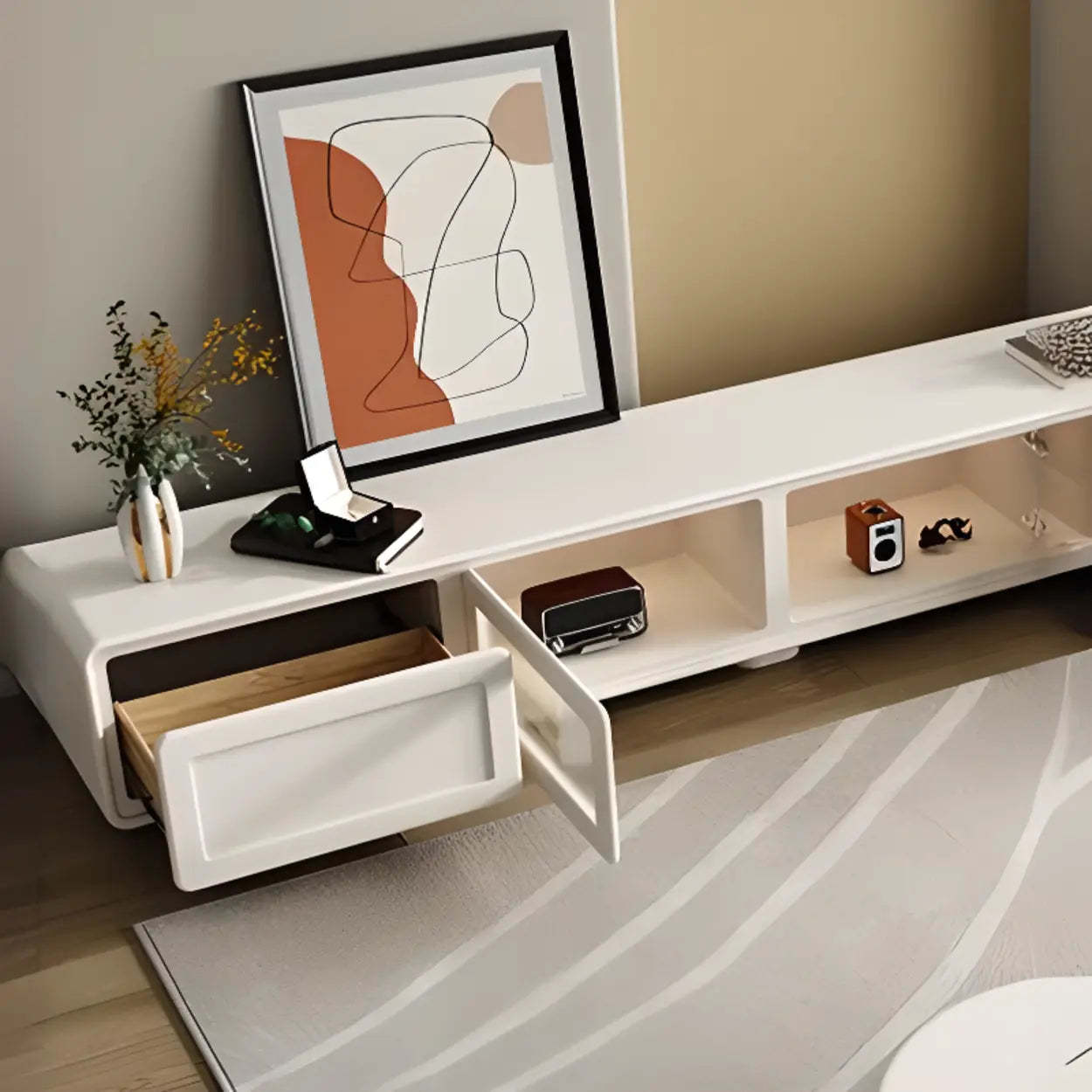 Minimalist White TV Stand with Cabinet