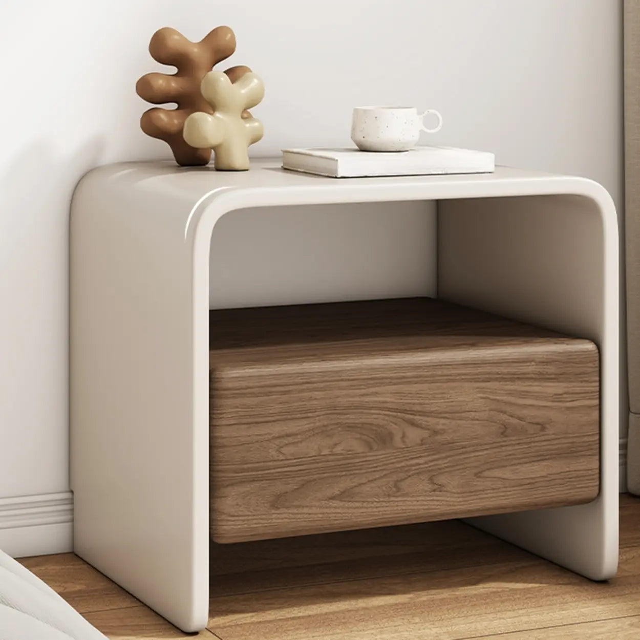 Minimalist White Wood Nightstand with Shelf