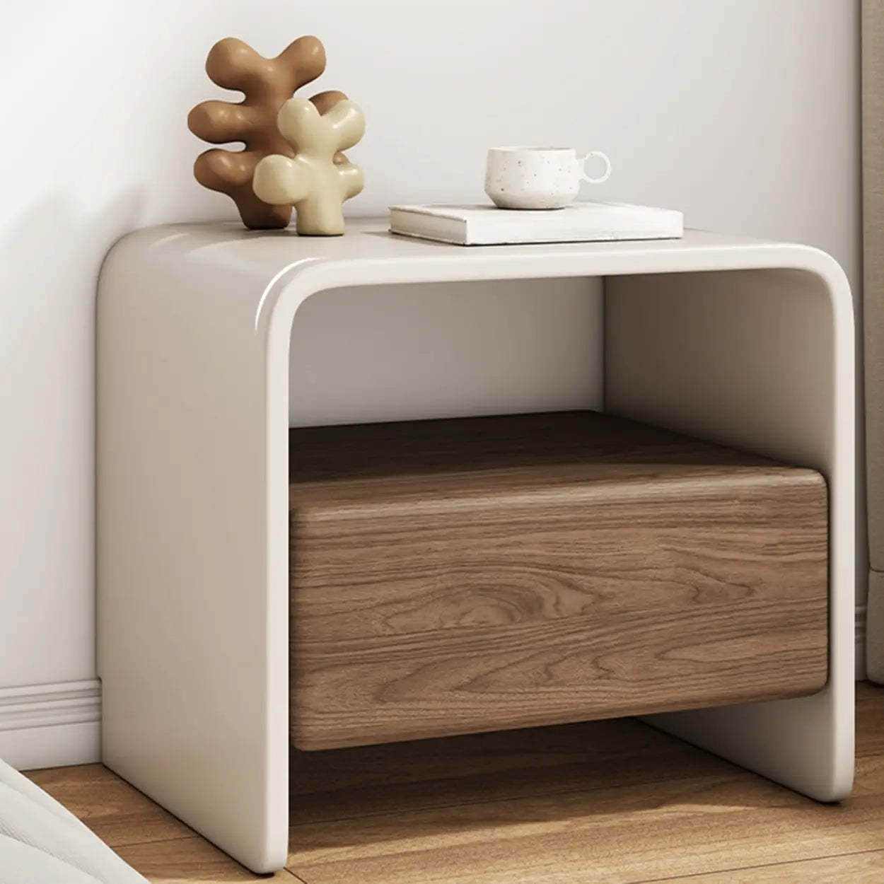 Minimalist White Wood Nightstand with Shelf