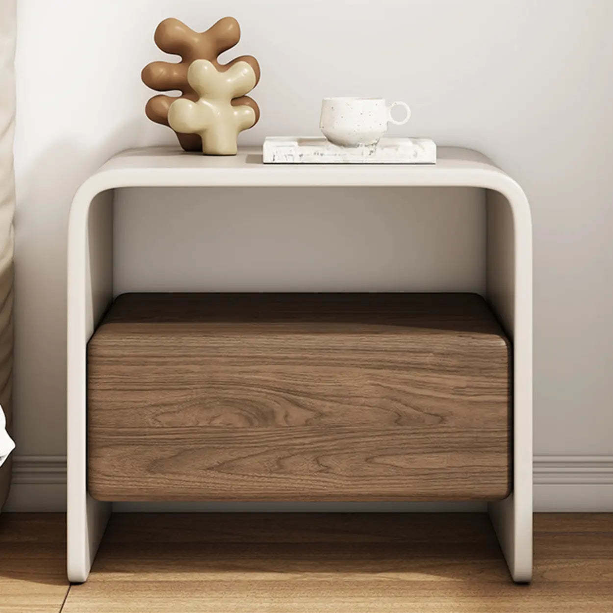Minimalist White Wood Nightstand with Shelf