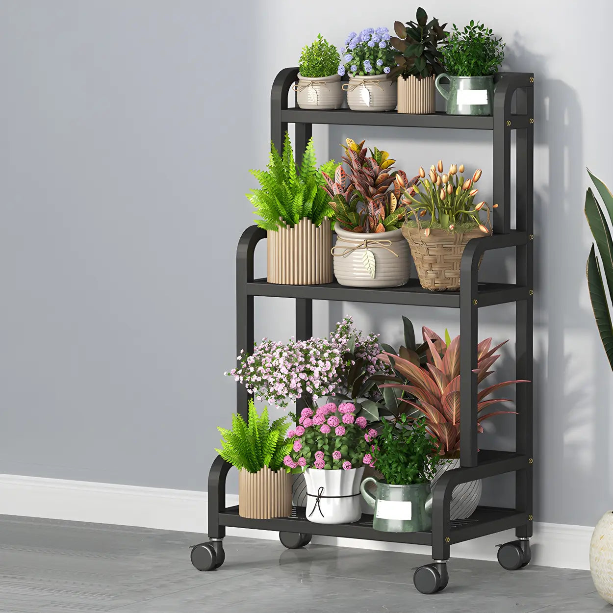 Modern Movable Rectangular White Metal Plant Stand — White