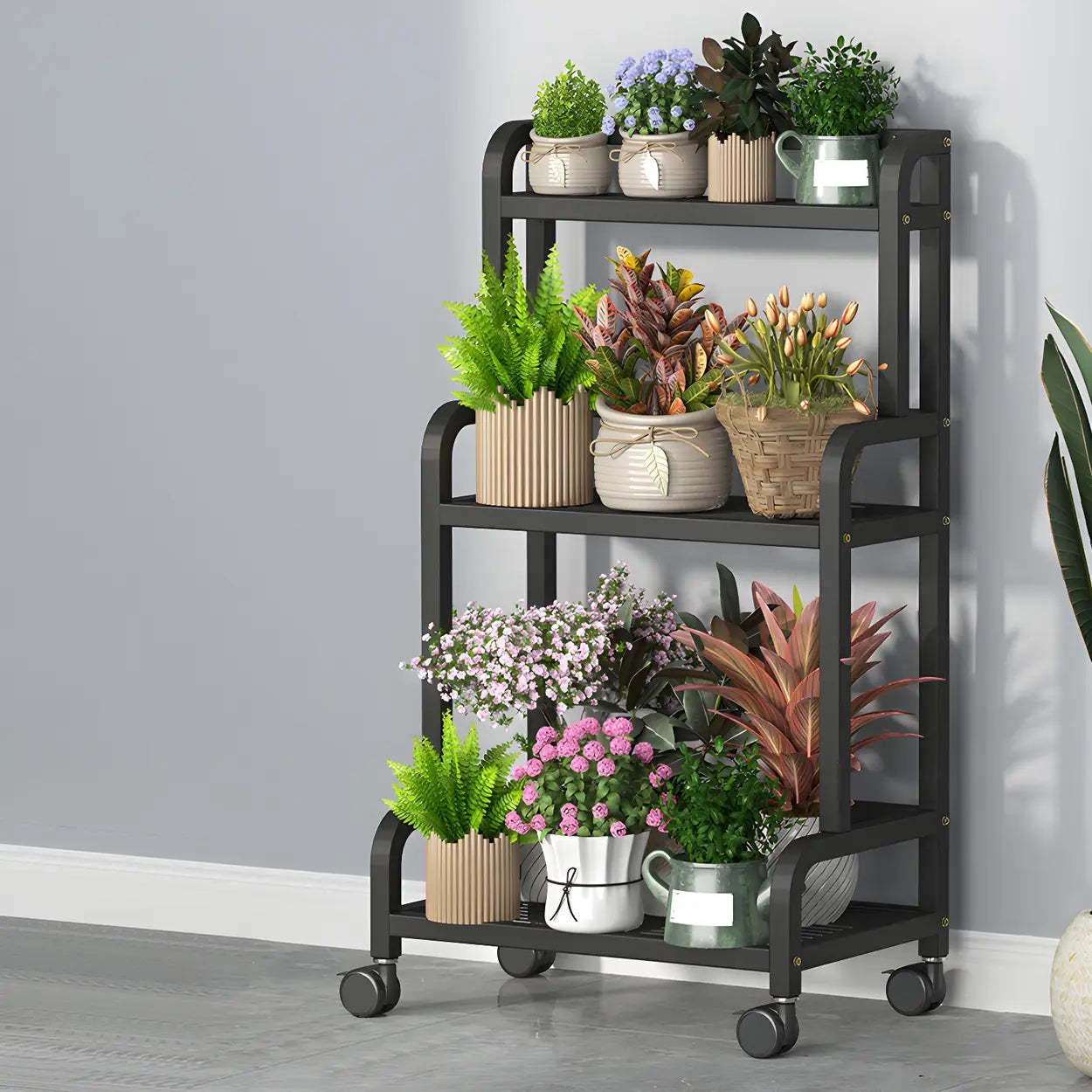 Modern Movable Rectangular White Metal Plant Stand — White