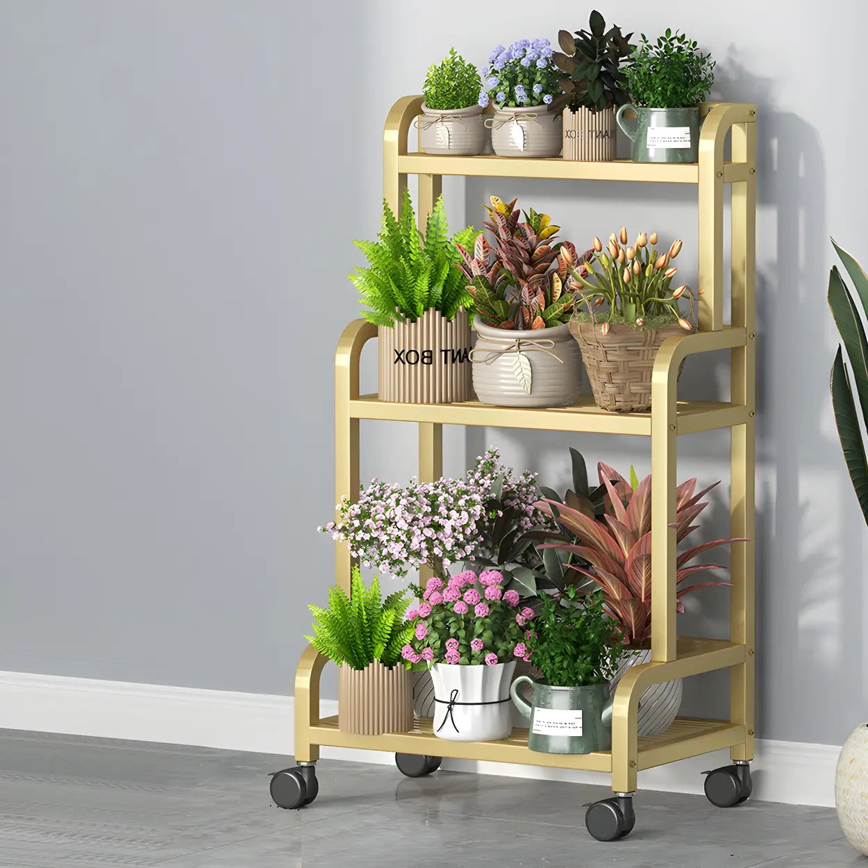 Modern Movable Rectangular White Metal Plant Stand — White
