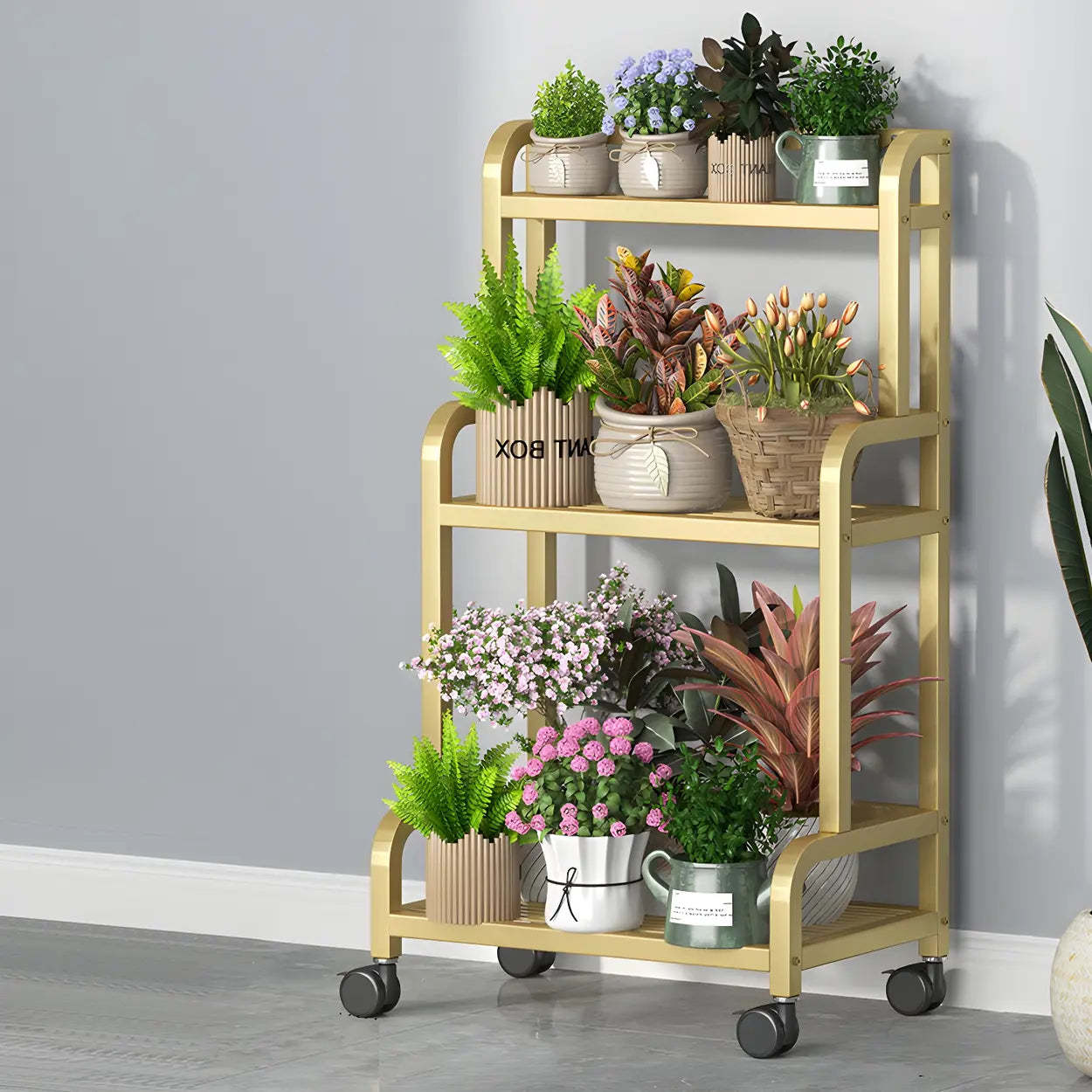 Modern Movable Rectangular White Metal Plant Stand — White