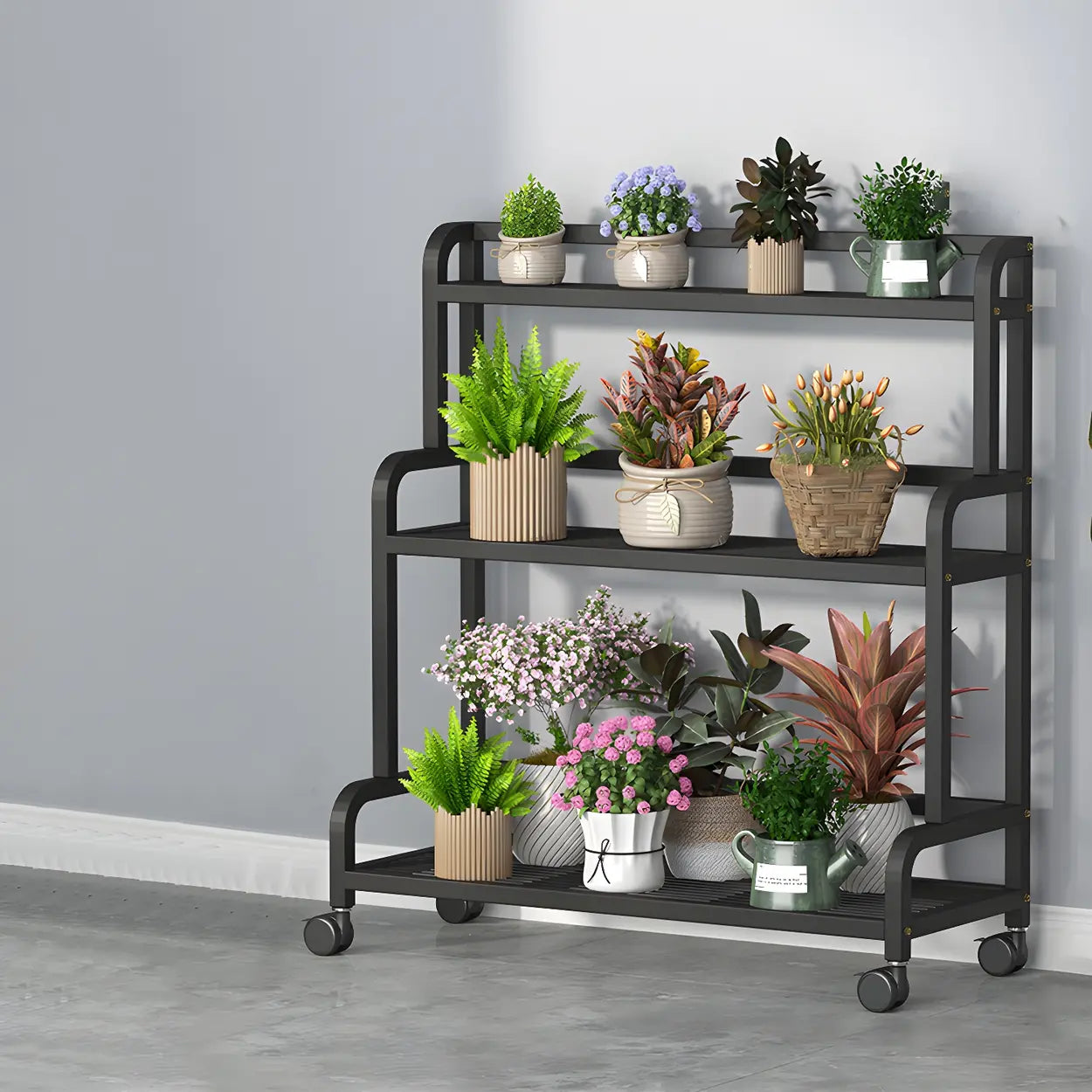 Modern Movable Rectangular White Metal Plant Stand — White