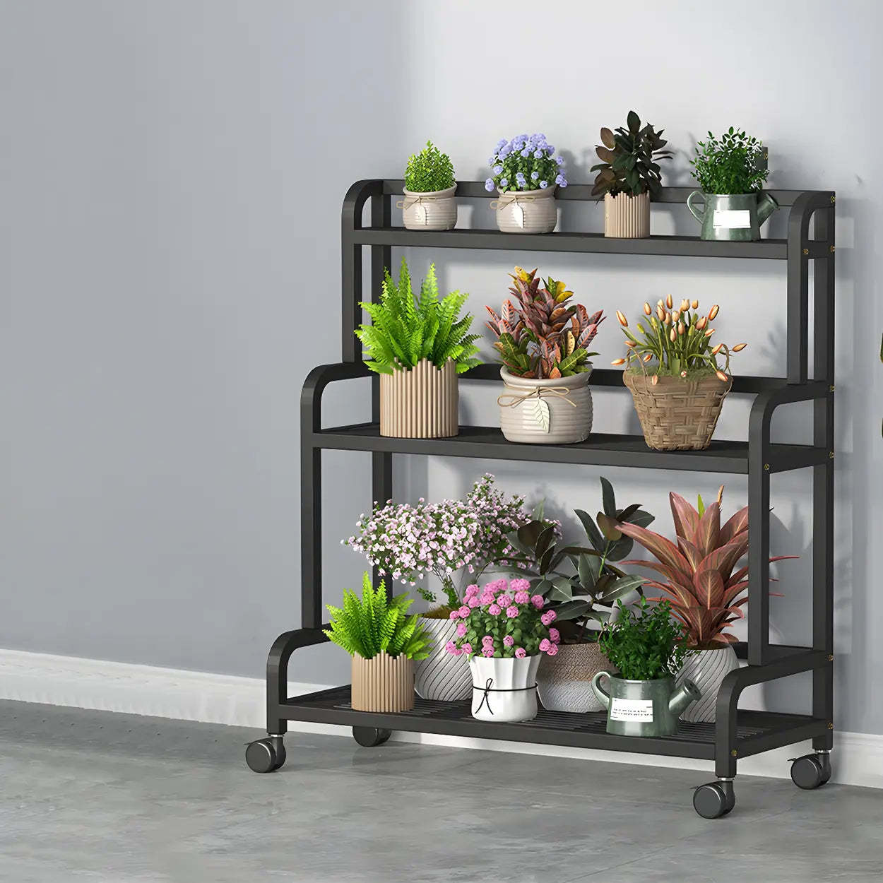 Modern Movable Rectangular White Metal Plant Stand — White