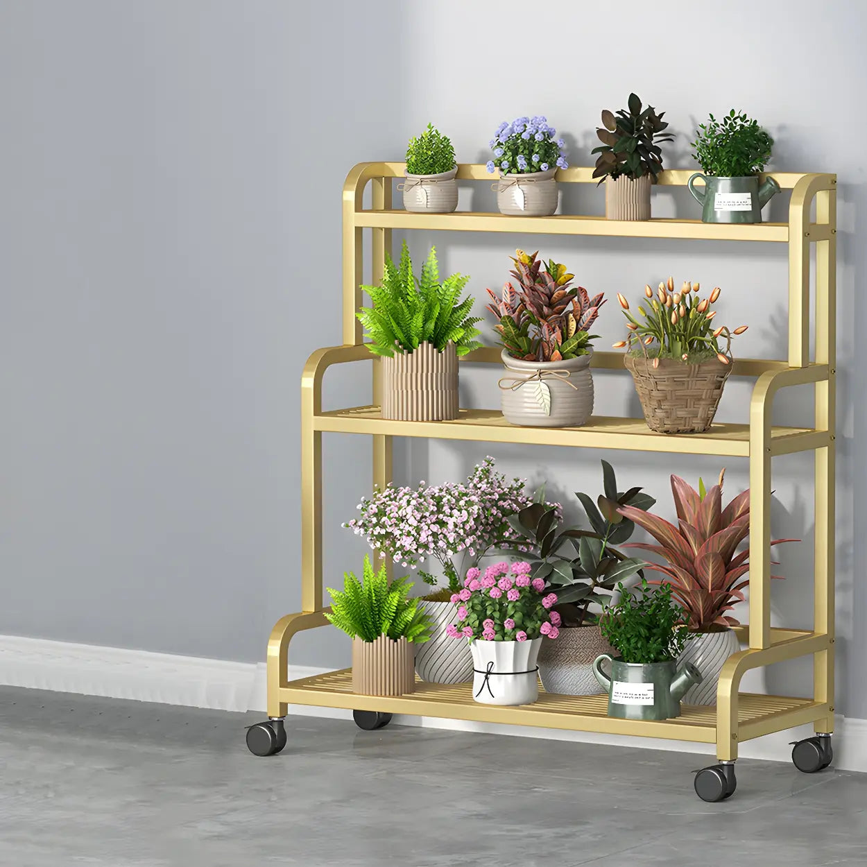 Modern Movable Rectangular White Metal Plant Stand — White