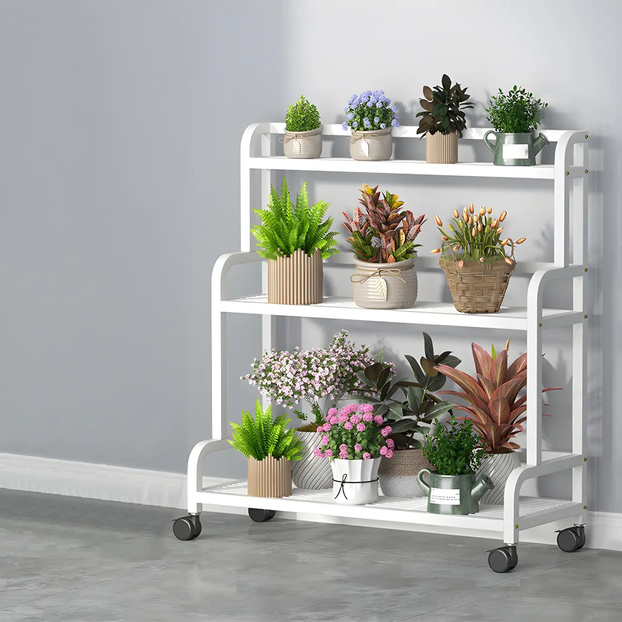Modern Movable Rectangular White Metal Plant Stand — White