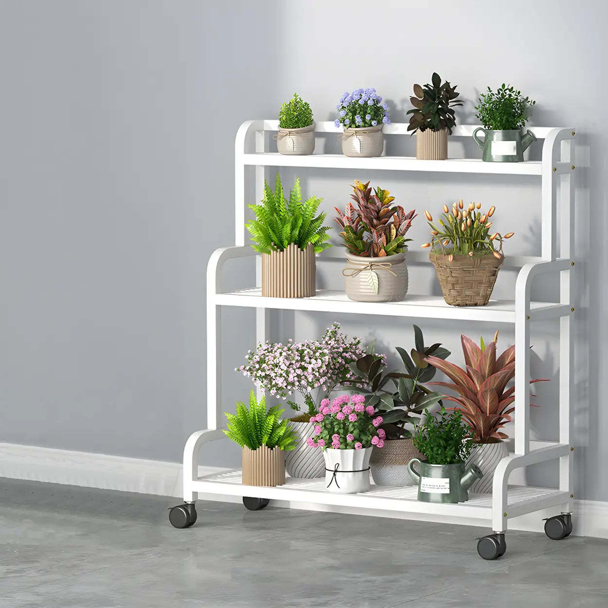 Modern Movable Rectangular White Metal Plant Stand — White