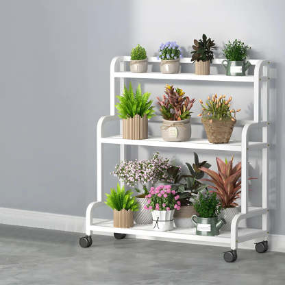 Modern Movable Rectangular White Metal Plant Stand — White
