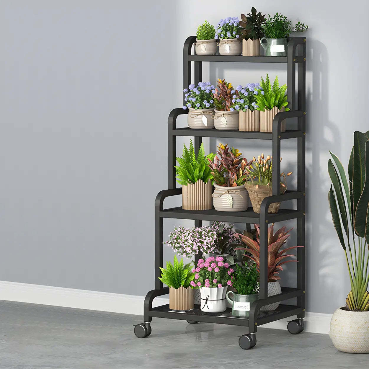Lighom Modern Movable Rectangular White Metal Plant Stand — 24" L x 20" W x 55" H / Black