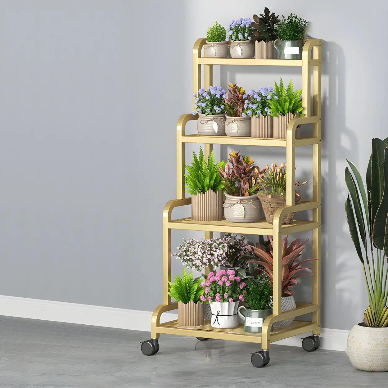 Modern Movable Rectangular White Metal Plant Stand — Gold