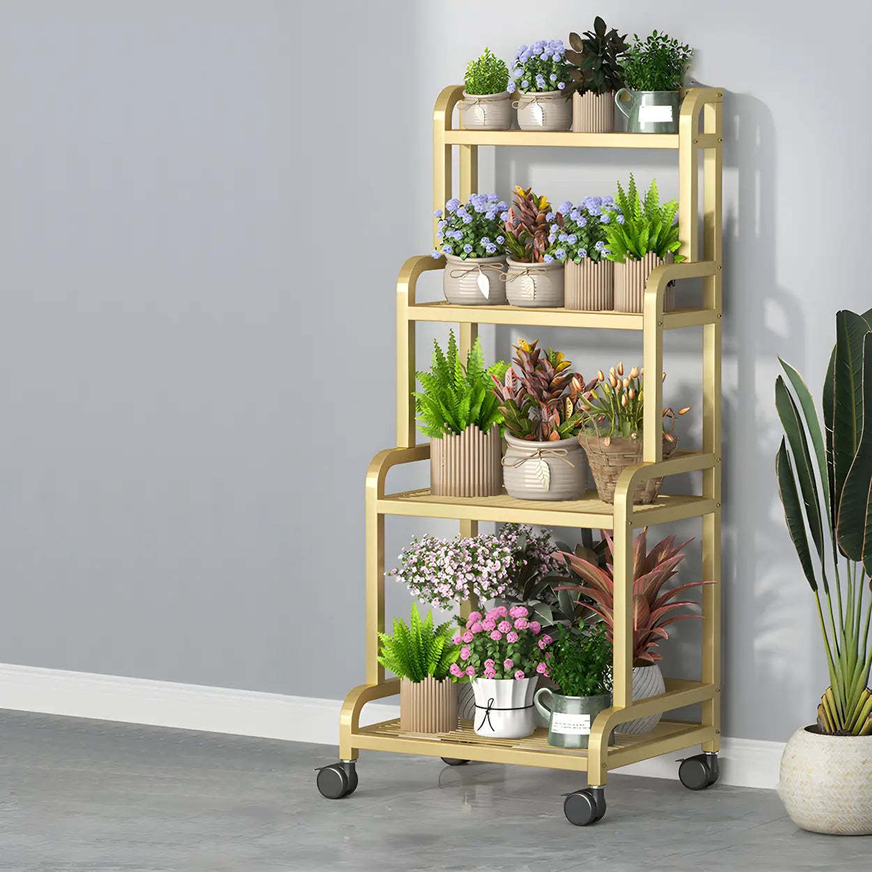 Modern Movable Rectangular White Metal Plant Stand — Gold