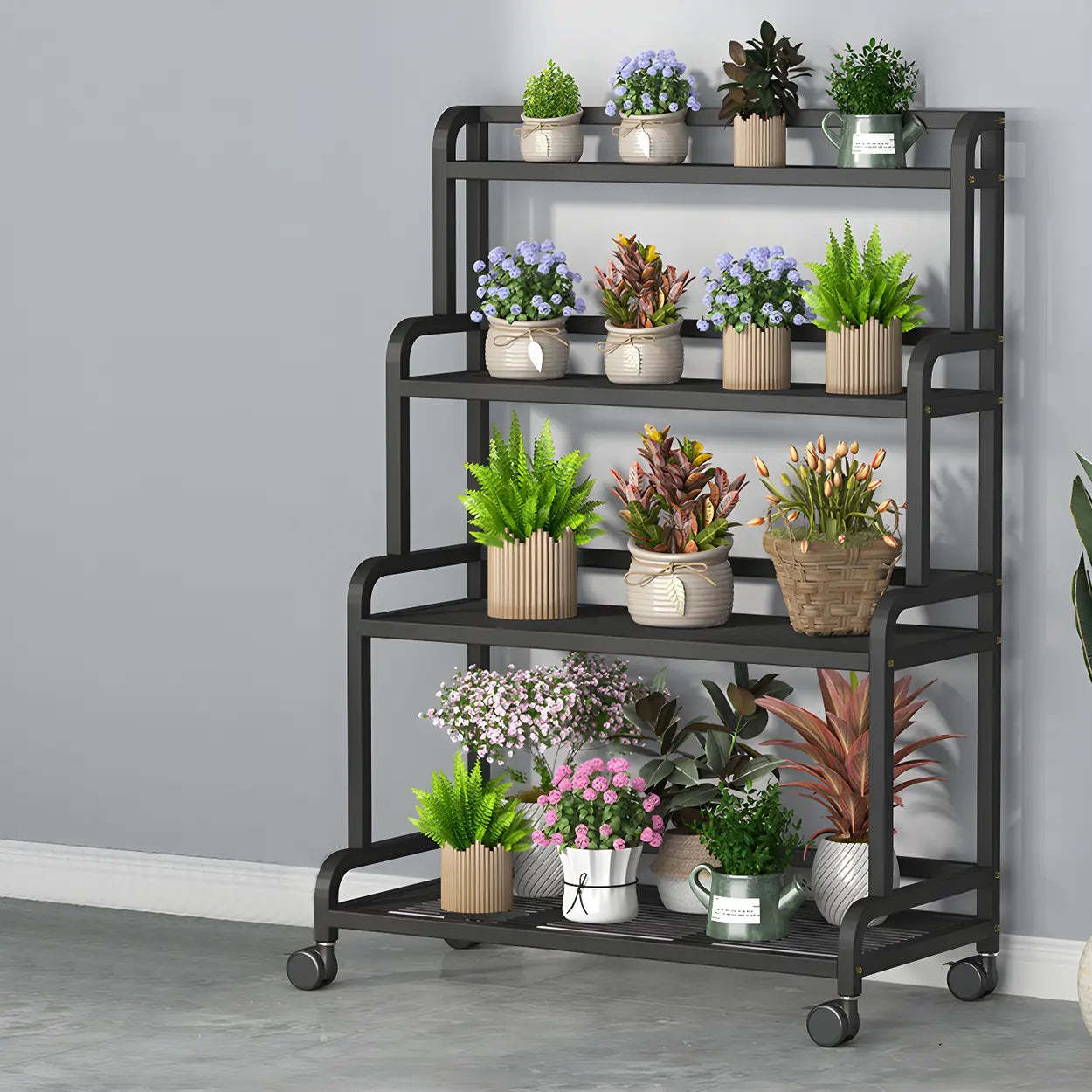 Modern Movable Rectangular White Metal Plant Stand — Black