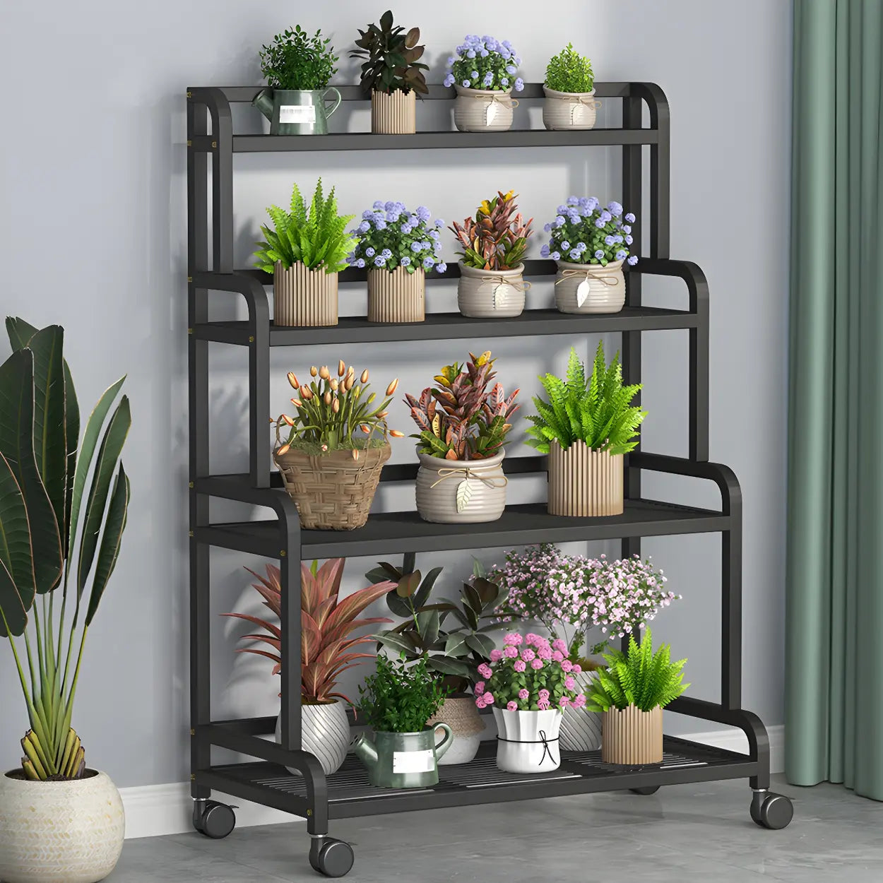Modern Movable Rectangular White Metal Plant Stand — Black
