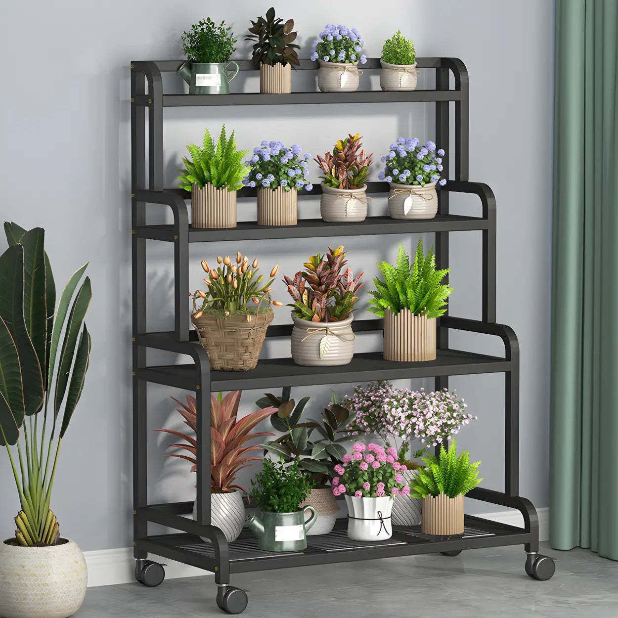 Modern Movable Rectangular White Metal Plant Stand — Black