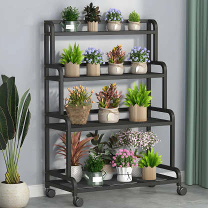 Modern Movable Rectangular White Metal Plant Stand — Black