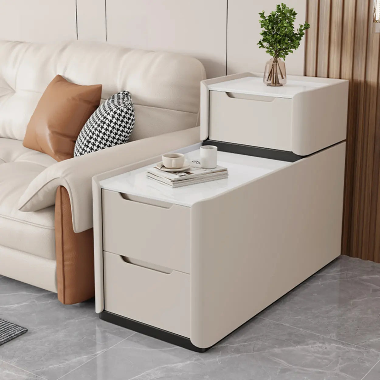 Modern Multi-Drawer White Top Side Table — Beige